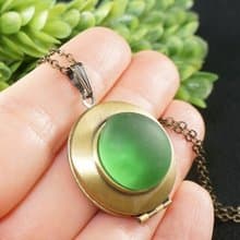 Bottle Green Sea Glass Photo Locket Marine Nautical Pendant Necklace Jewelry