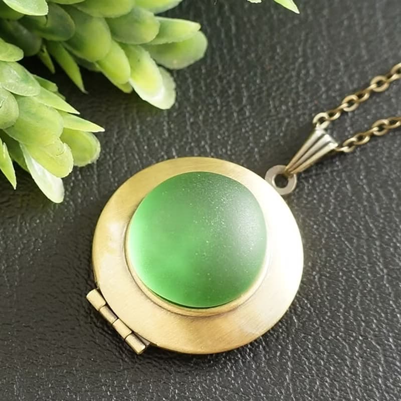 Bottle Green Sea Glass Photo Locket Marine Nautical Pendant Necklace Jewelry