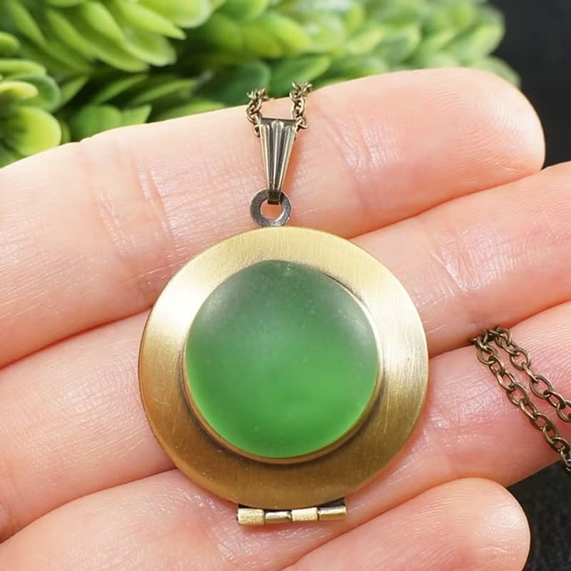Bottle Green Sea Glass Photo Locket Marine Nautical Pendant Necklace Jewelry
