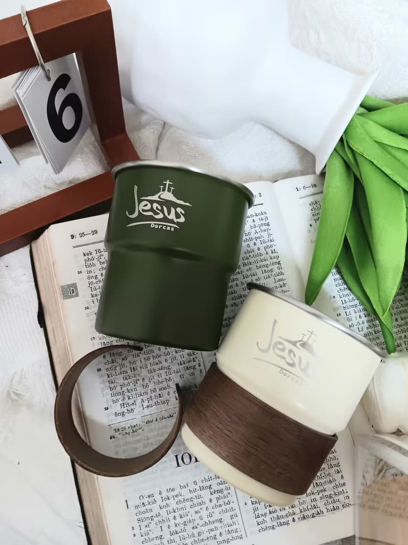 304不銹鋼疊杯 附木質防燙杯套 十架恩語咖啡杯 基督教禮品