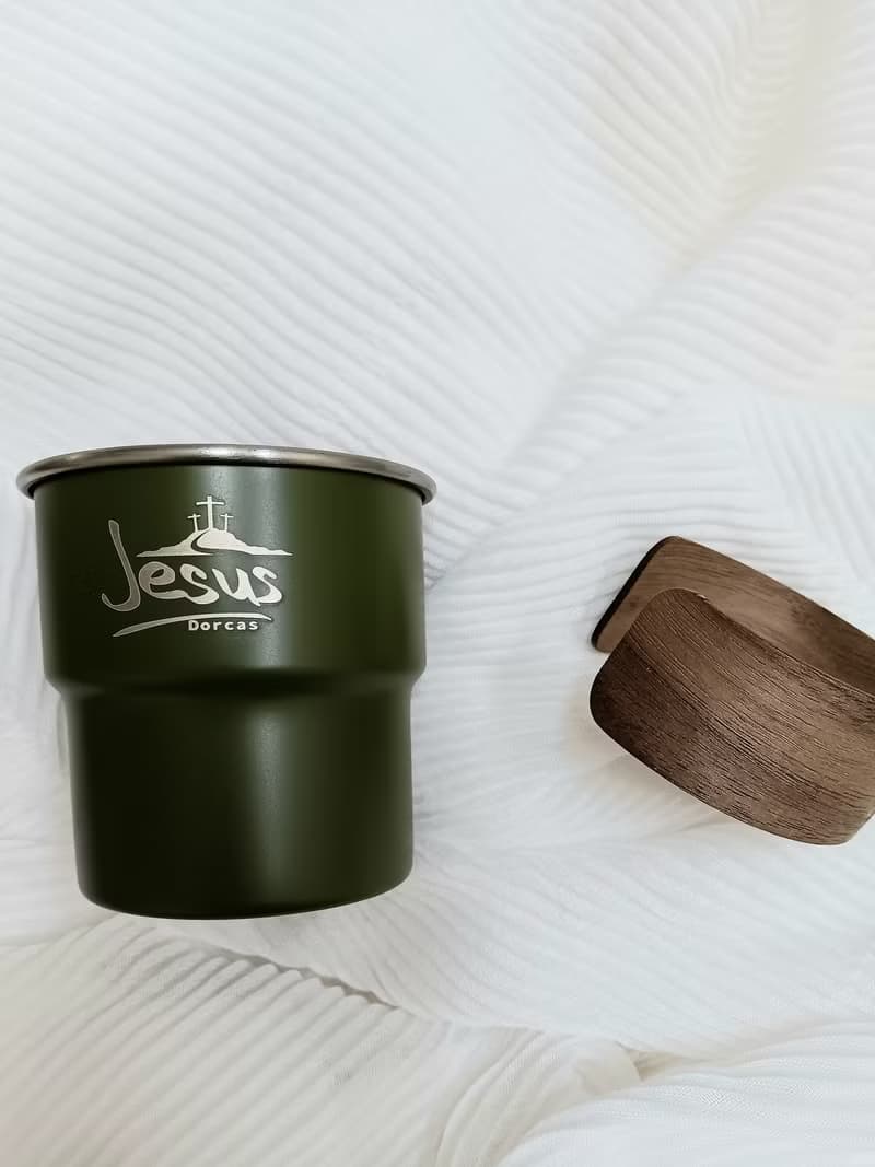 304不銹鋼疊杯 附木質防燙杯套 十架恩語咖啡杯 基督教禮品