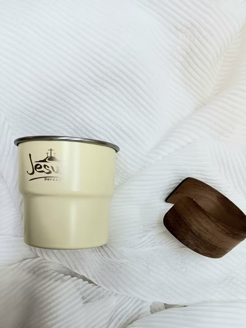 304不銹鋼疊杯 附木質防燙杯套 十架恩語咖啡杯 基督教禮品