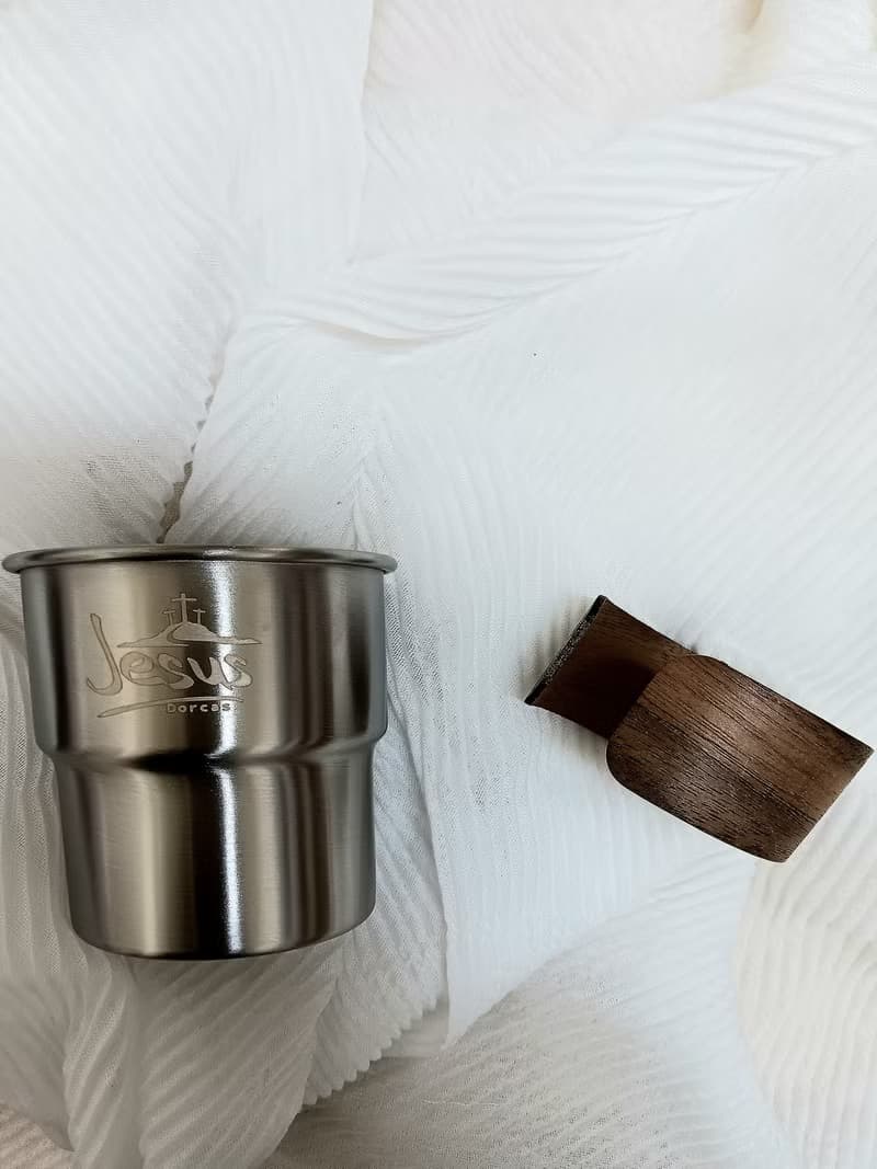 304不銹鋼疊杯 附木質防燙杯套 十架恩語咖啡杯 基督教禮品