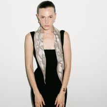 【Ven & Qu】流動鏈結真絲圍巾-灰褐米白 120×25cm