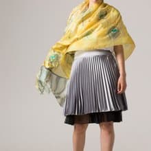 Hand Painted silk shawl- Yellow Peacock. Feathers scarf in Yellow and Grey.