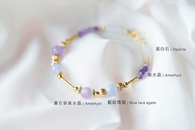 香氣。藍紋瑪瑙 紫水晶 蛋白石 14K包金 水晶/天然石 手鍊