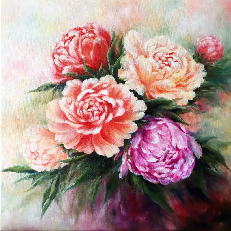 【牡丹】花卉原作油畫 | 紅粉紫花束浪漫居家裝飾 | 富貴花開