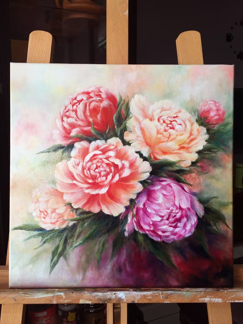【牡丹】花卉原作油畫 | 紅粉紫花束浪漫居家裝飾 | 富貴花開