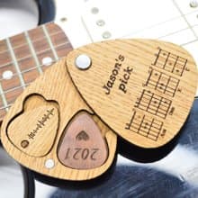 Personalized two guitar picks in holder, Wooden custom guitar pick