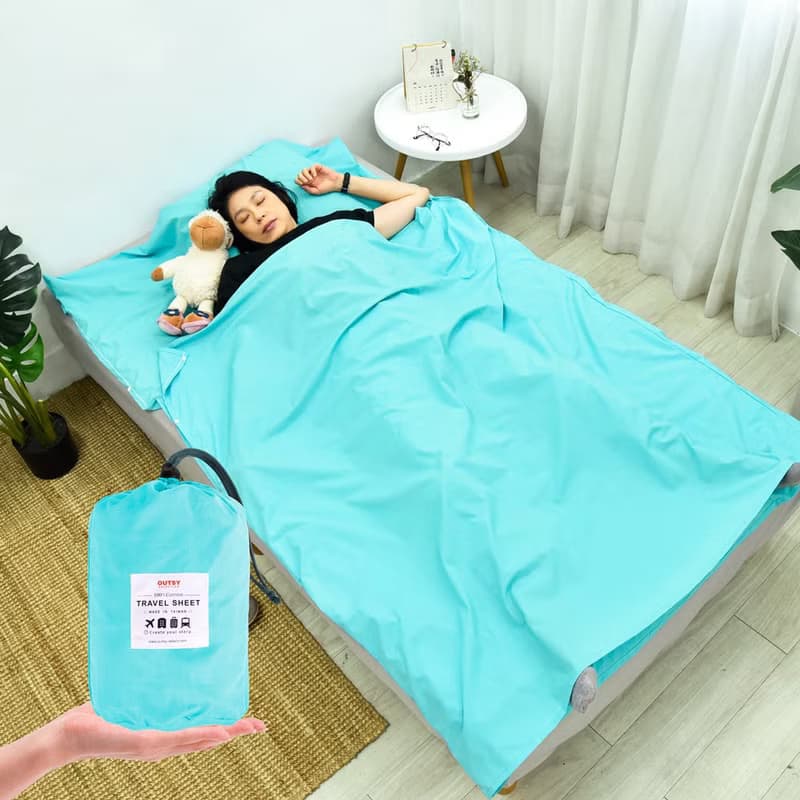 【台灣製造】加大版素色純棉便攜旅行床單/睡袋內套-川流藍
