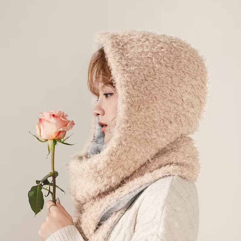 AMBER 系列 - 柔映 * 粉霧色 混織毛料 圍巾 連帽圍巾