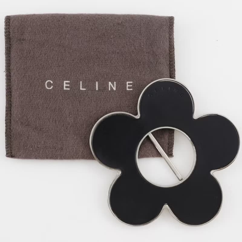 【日本直送】セリーヌ CELINE フラワー スカーフリング 金属製 × レザー シルバー/黒 フラワー レディース【中古】