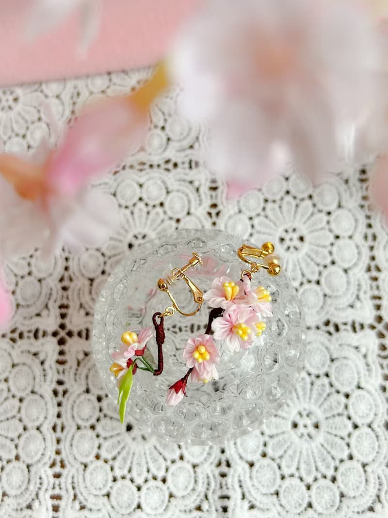 2025櫻系列 櫻花枝耳環 細工布花