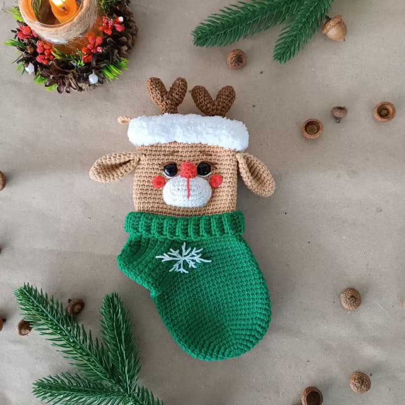 【數位】Crochet pattern Christmas stocking deer, Christmas amigurumi stocking