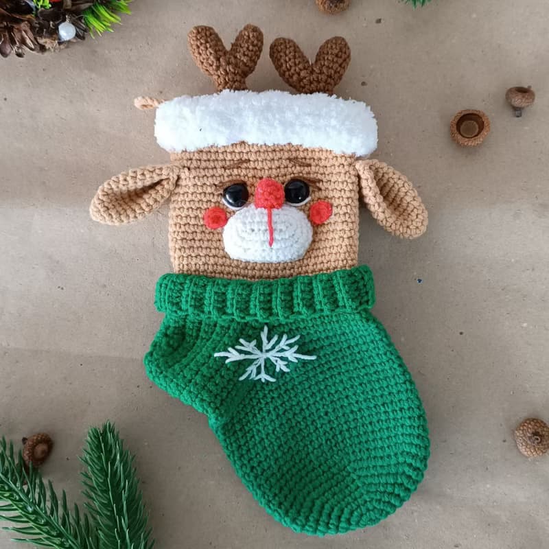 【數位】Crochet pattern Christmas stocking deer, Christmas amigurumi stocking