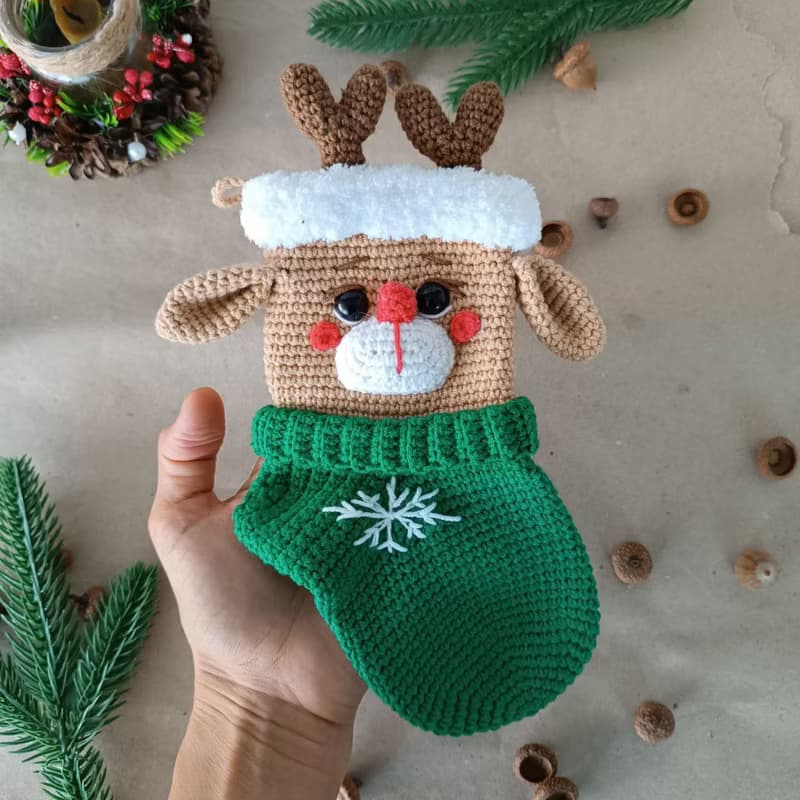 【數位】Crochet pattern Christmas stocking deer, Christmas amigurumi stocking