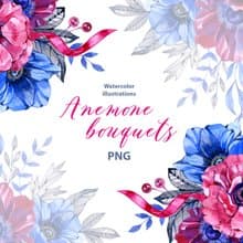 Watercolor Anemone bouquet clipart set, 7 Png, floral Clipart, pink watercolor