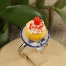 Strawberry Cupcake Cake Porcelain Plate Food Miniature Adjustable Ring Jewelry