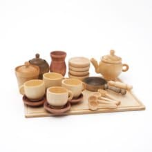 Big set Organic wooden sensory play 23 toys, Cooking for dolls, Wooden Tea Set