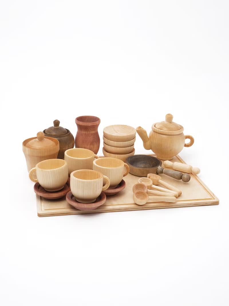 Big set Organic wooden sensory play 23 toys, Cooking for dolls, Wooden Tea Set