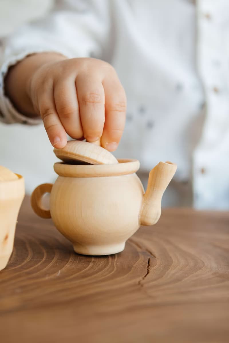 Big set Organic wooden sensory play 23 toys, Cooking for dolls, Wooden Tea Set
