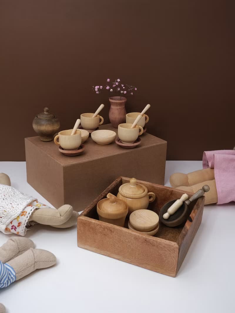 Big set Organic wooden sensory play 23 toys, Cooking for dolls, Wooden Tea Set