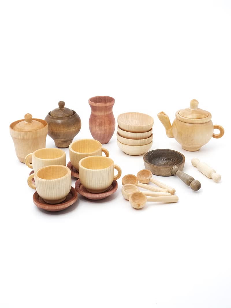 Big set Organic wooden sensory play 23 toys, Cooking for dolls, Wooden Tea Set
