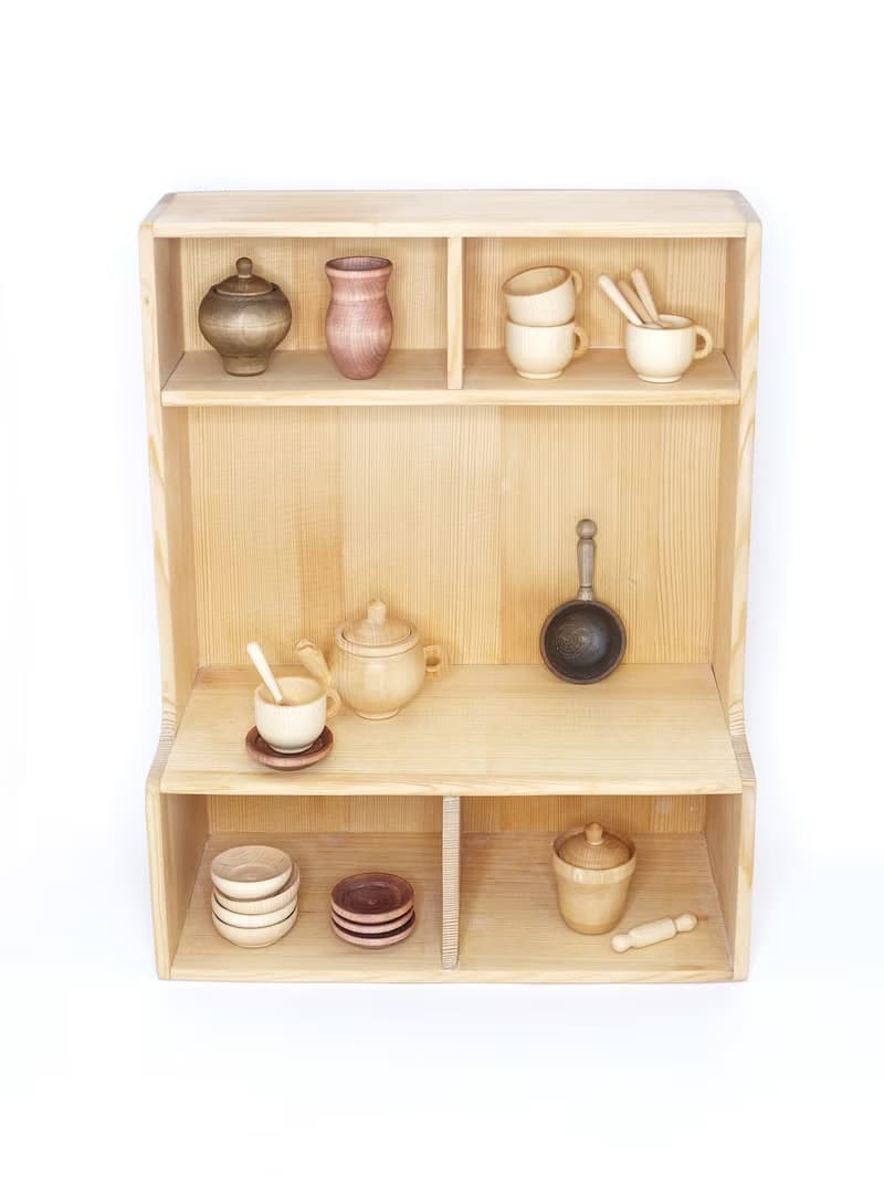 Big set Organic wooden sensory play 23 toys, Cooking for dolls, Wooden Tea Set