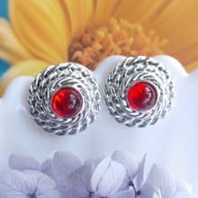 Vintage Jewelry 西洋古董飾品 銀色調 紅 針式耳環