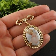 Pink White Angel Porcelain Cameo Golden Bow Brooch Pin Girl Woman Jewelry Gift