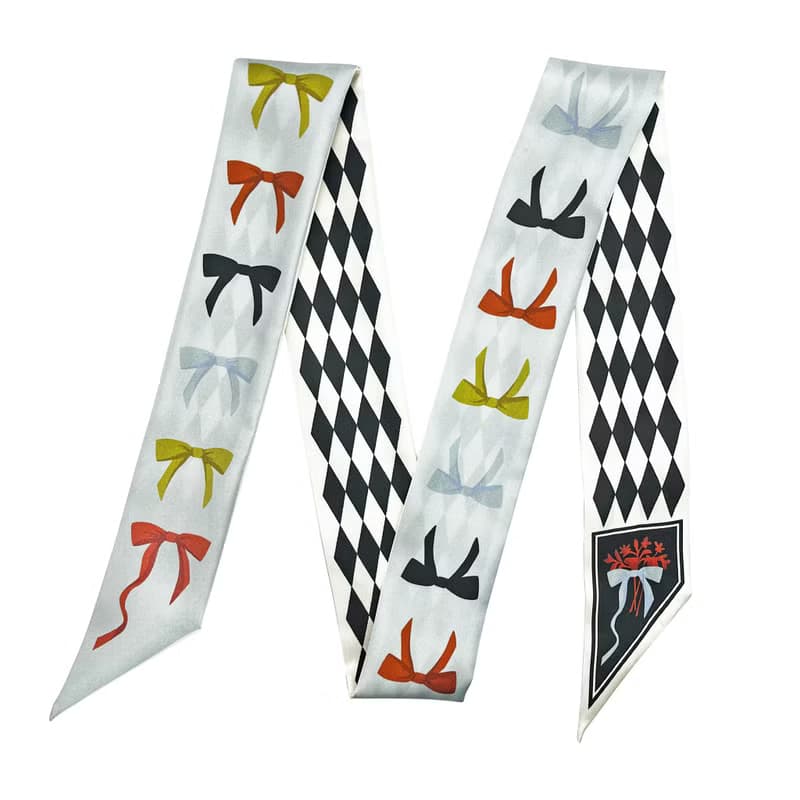 100%桑蠶絲真絲窄領巾/絲巾/飄帶/包柄帶/髮帶::蝴蝶結幾何雙拼