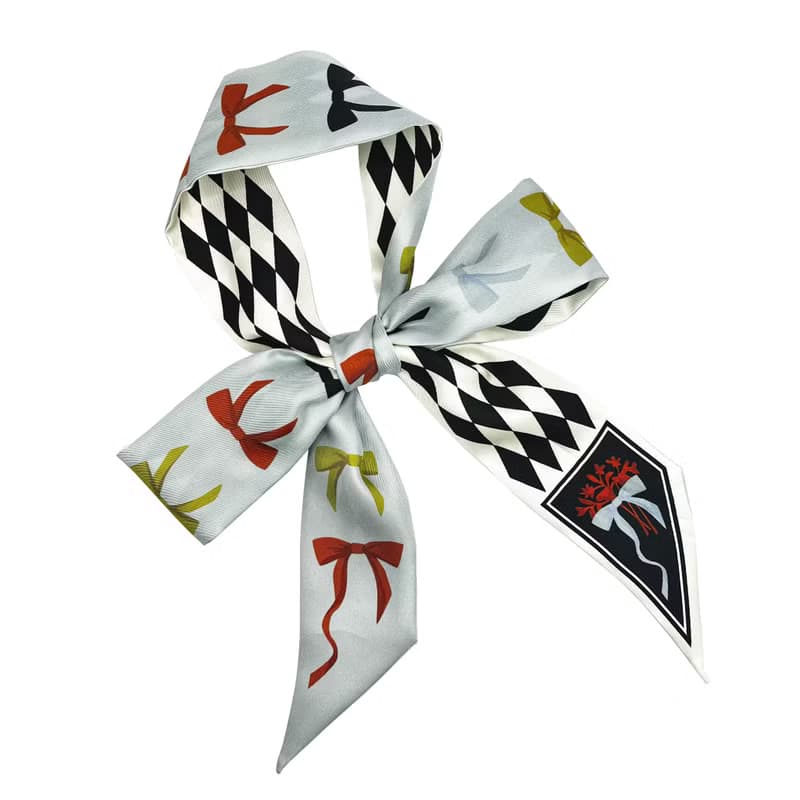 100%桑蠶絲真絲窄領巾/絲巾/飄帶/包柄帶/髮帶::蝴蝶結幾何雙拼