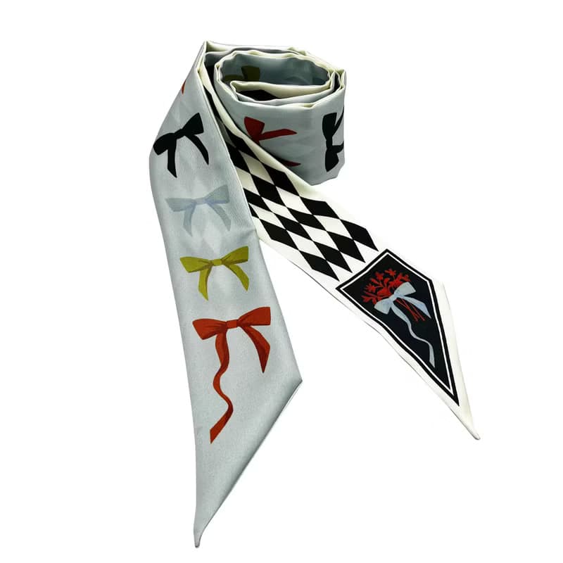 100%桑蠶絲真絲窄領巾/絲巾/飄帶/包柄帶/髮帶::蝴蝶結幾何雙拼