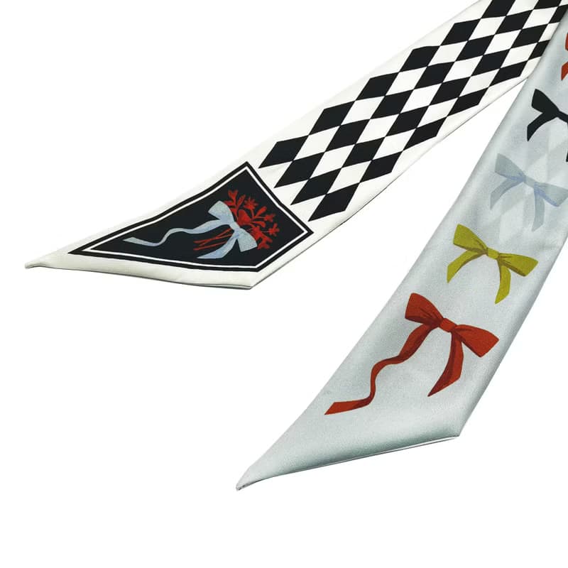 100%桑蠶絲真絲窄領巾/絲巾/飄帶/包柄帶/髮帶::蝴蝶結幾何雙拼