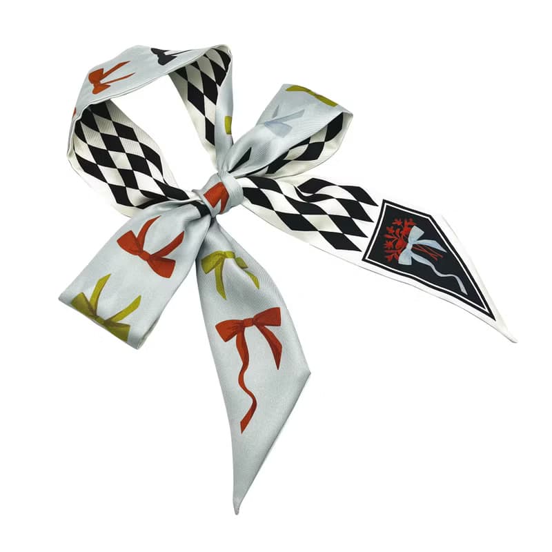 100%桑蠶絲真絲窄領巾/絲巾/飄帶/包柄帶/髮帶::蝴蝶結幾何雙拼