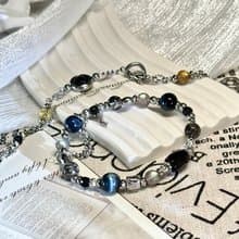 靛夜星空水晶手鍊 - 醫療鋼/黑碧璽/灰月光/鷹眼石/黑髮晶