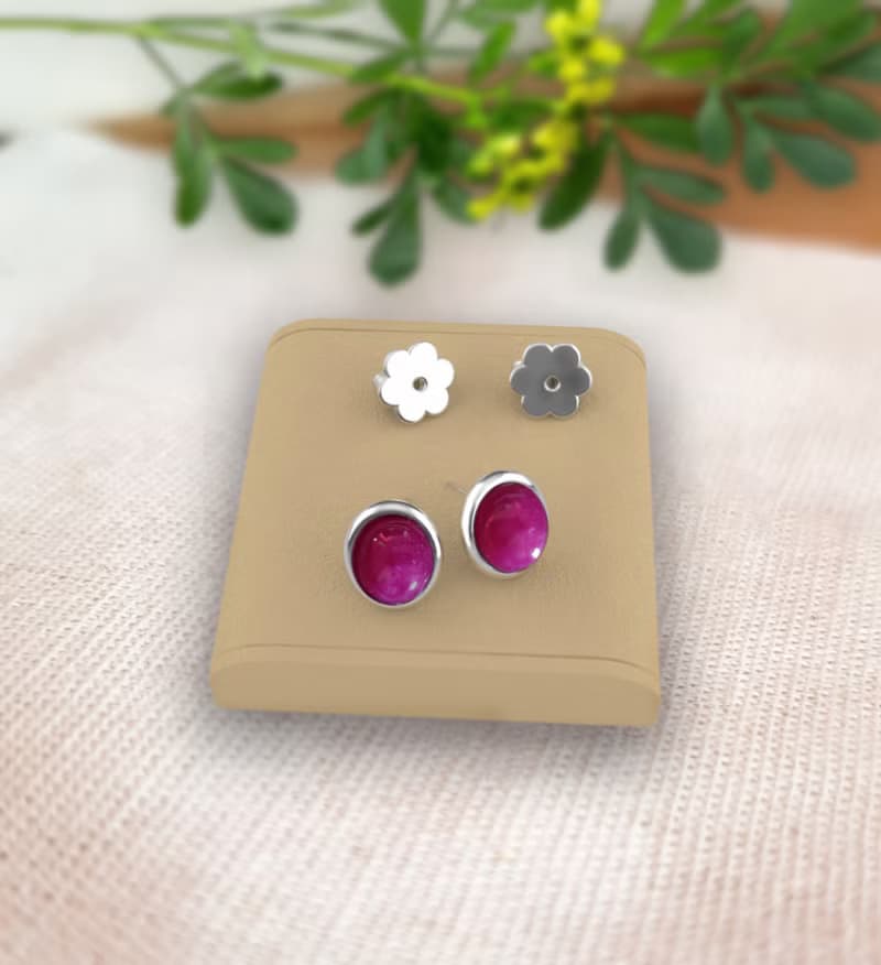 Stud Red Pink Ruby Earring for Woman, Natural Ruby, 925 Silver, Earring Stud