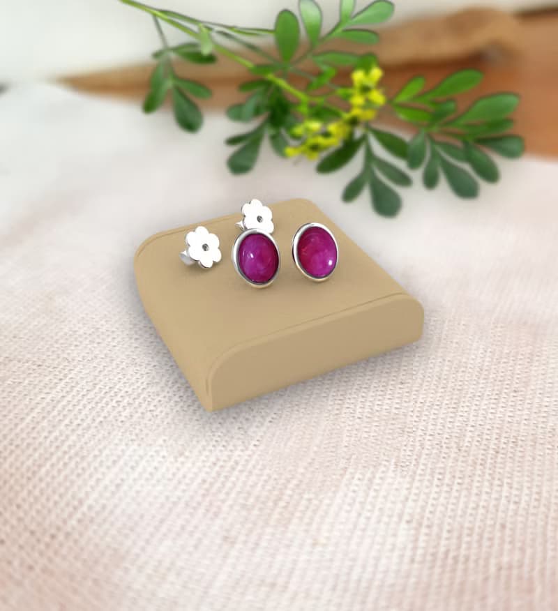 Stud Red Pink Ruby Earring for Woman, Natural Ruby, 925 Silver, Earring Stud