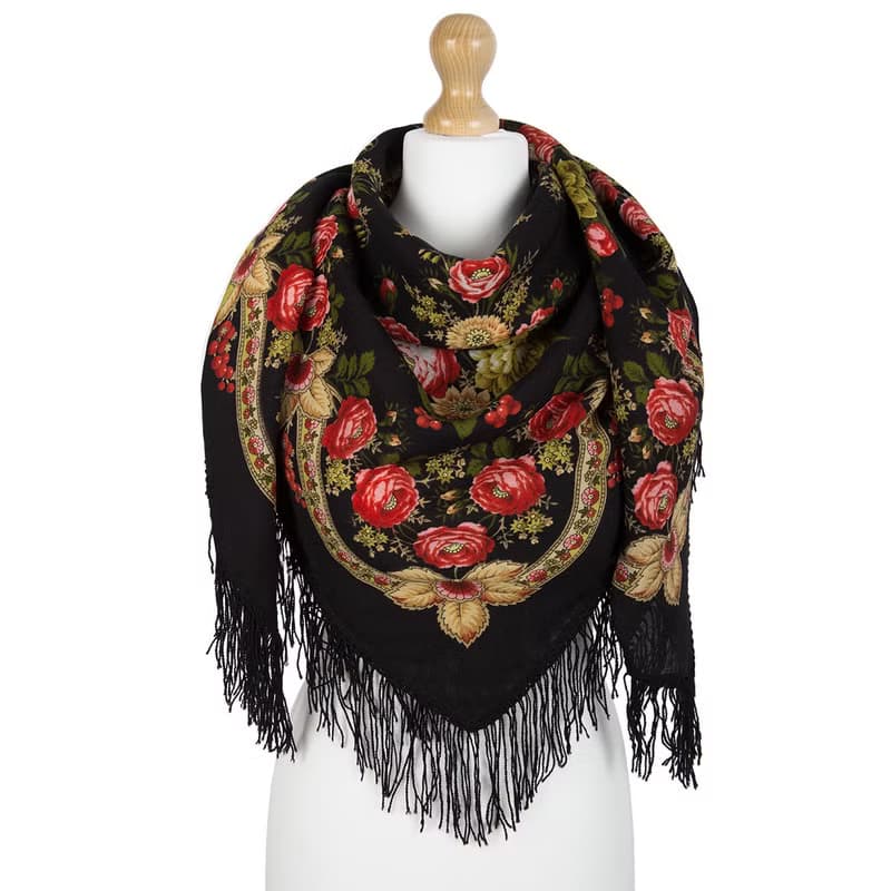 Pavlovo Posad Russian Shawl 100% Wool Scarf 125 cm, Wrap Woolen Fringe 1194-18
