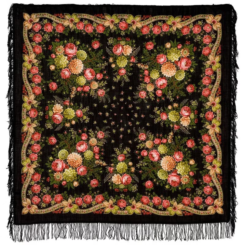 Pavlovo Posad Russian Shawl 100% Wool Scarf 125 cm, Wrap Woolen Fringe 1194-18
