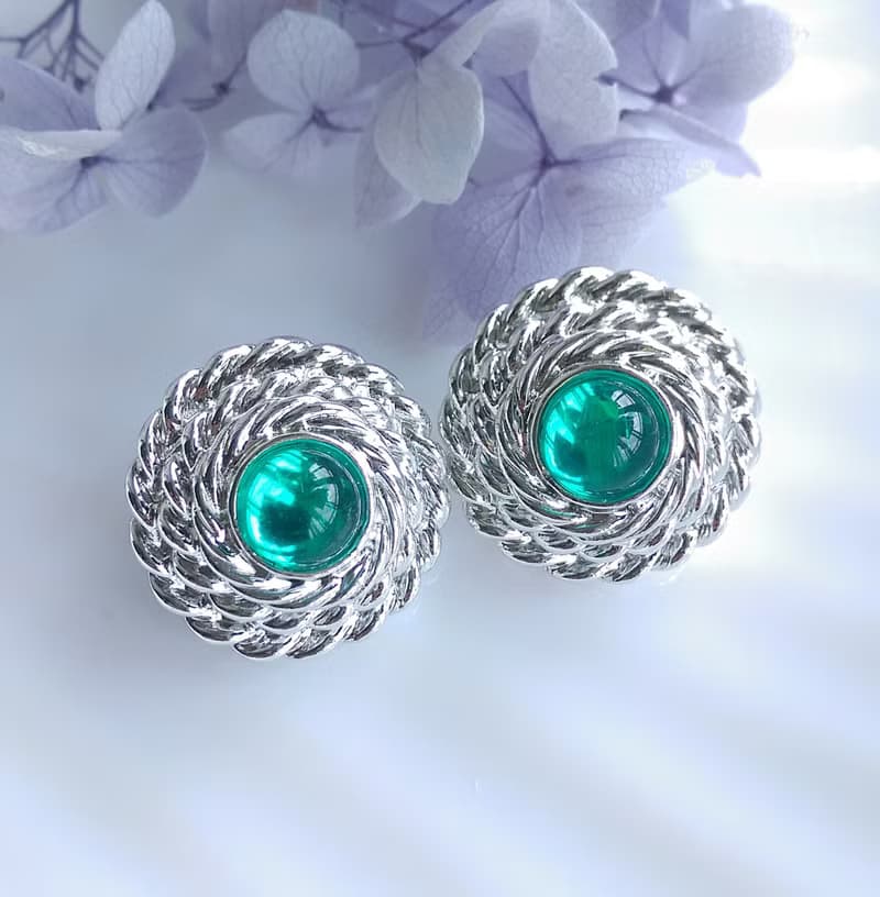 Vintage Jewelry 西洋古董飾品 銀色調 綠 針式耳環