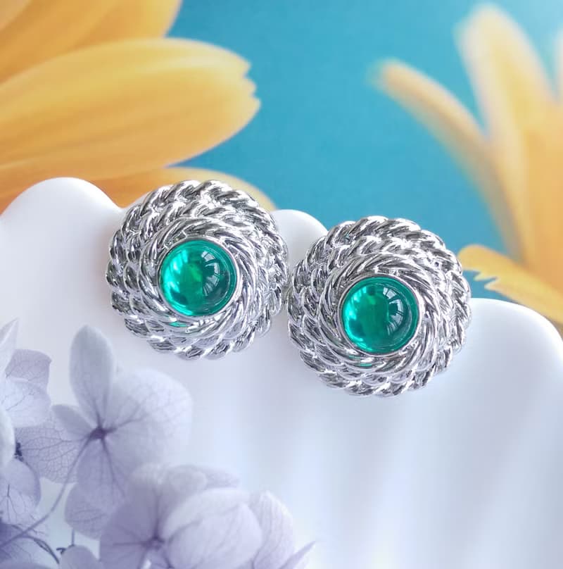 Vintage Jewelry 西洋古董飾品 銀色調 綠 針式耳環