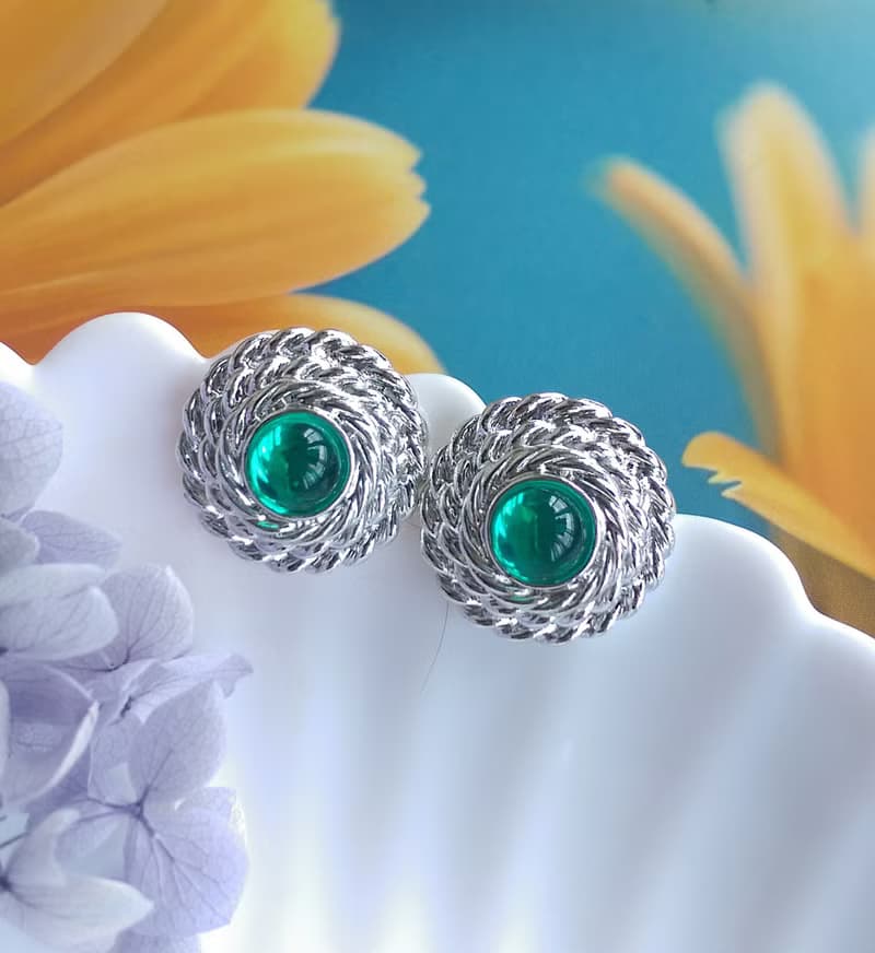 Vintage Jewelry 西洋古董飾品 銀色調 綠 針式耳環