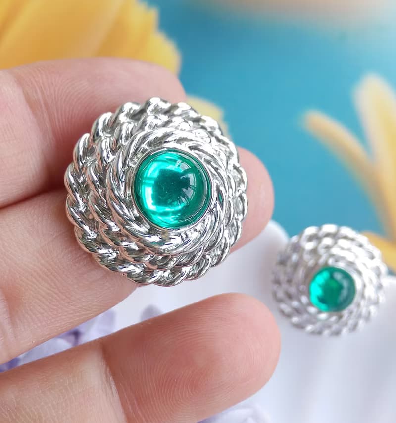 Vintage Jewelry 西洋古董飾品 銀色調 綠 針式耳環