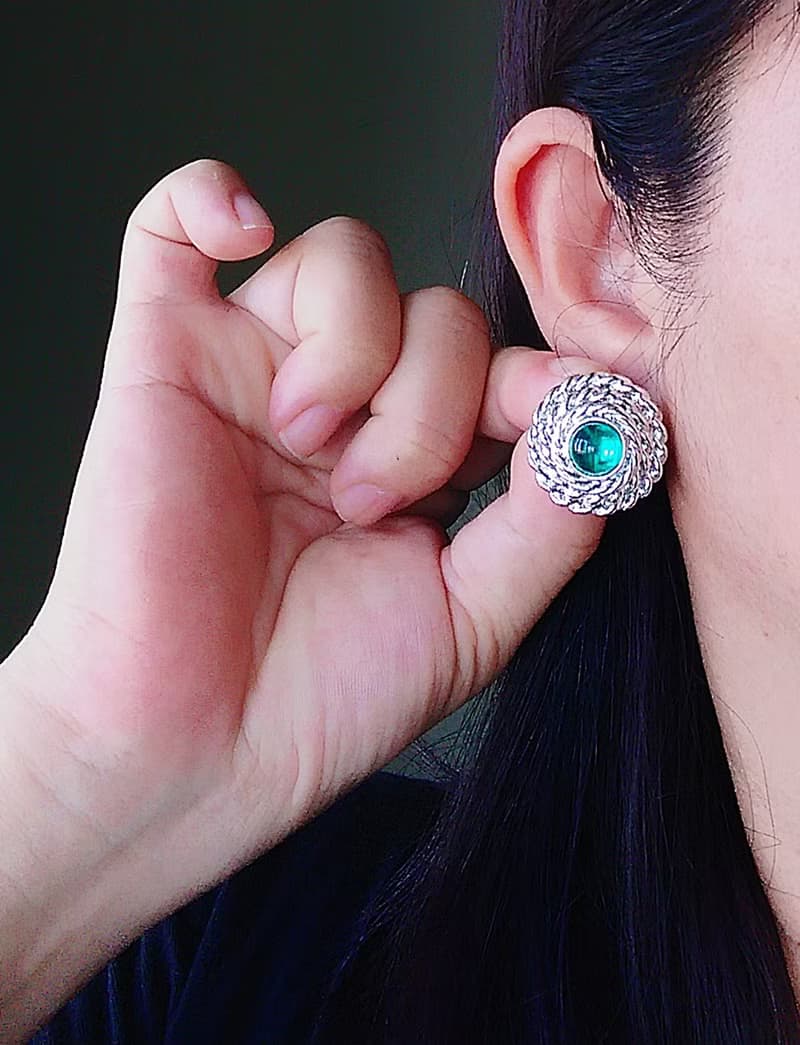 Vintage Jewelry 西洋古董飾品 銀色調 綠 針式耳環