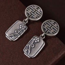 Retro China Chic Thai Silver Flowers Earrings for Women Chinese Word XI Double