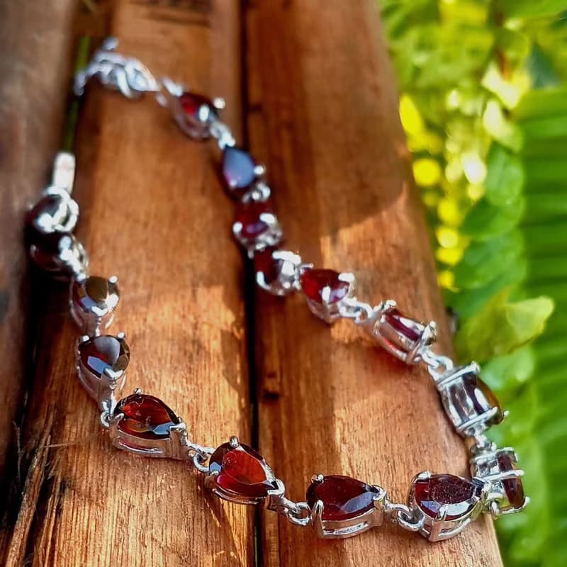 Garnet Bracelet Dark Red Gem Chanthaburi Garnet Pear Shape Genuine 925 Silver
