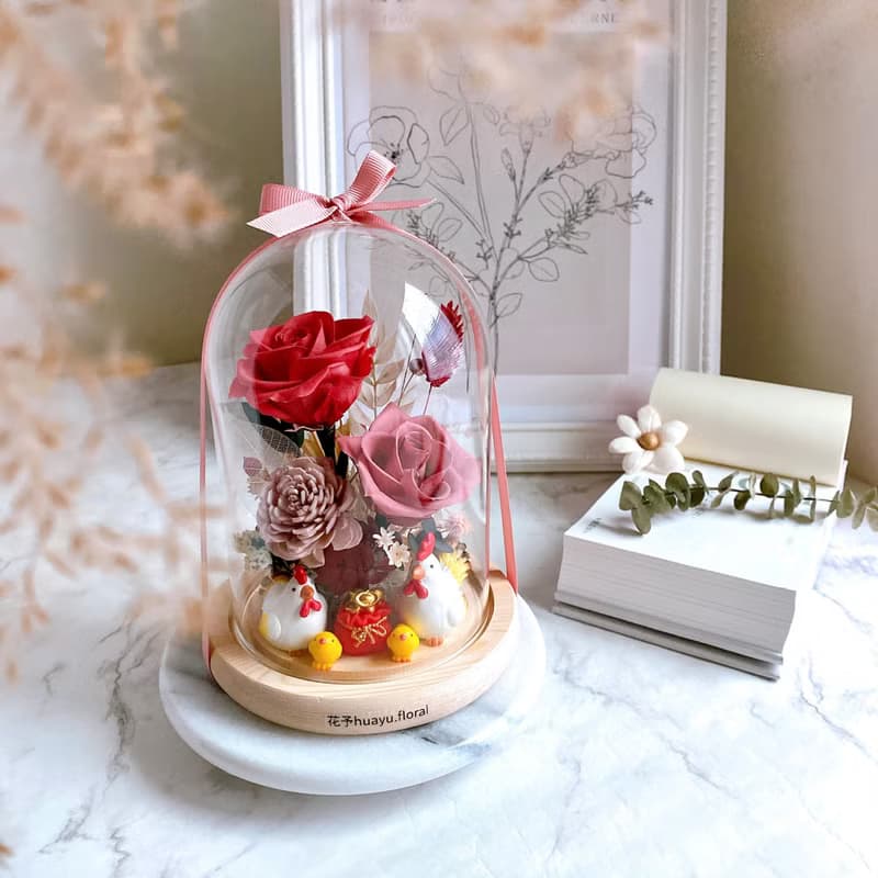 永生花 乾燥花 帶路雞 起家雞 結婚 新婚 入厝 嫁娶 玻璃罩 歸寧