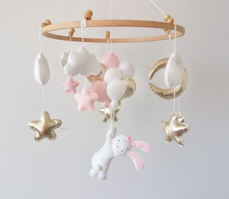 Baby Crib Mobile For Nursery Flying Rabbit With Balloons Pink,Baby Mobile Felt
