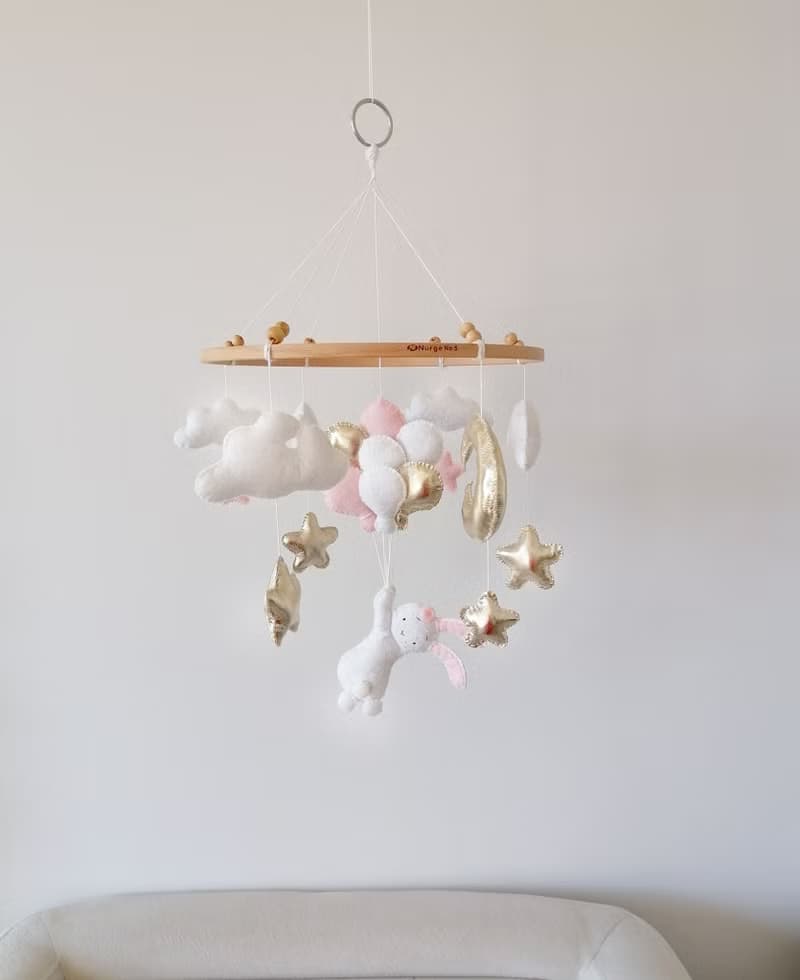 Baby Crib Mobile For Nursery Flying Rabbit With Balloons Pink,Baby Mobile Felt